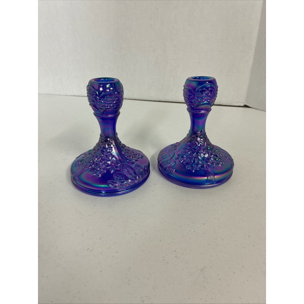 Fenton Cobalt Blue Carnival Glass Forget Me Not Candlestick Holders Pair 5.5in